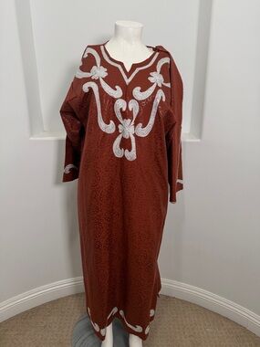 The African Star Long Sleeve Kaftan Maxi Dress One Size  Rusty Silver Embroidery